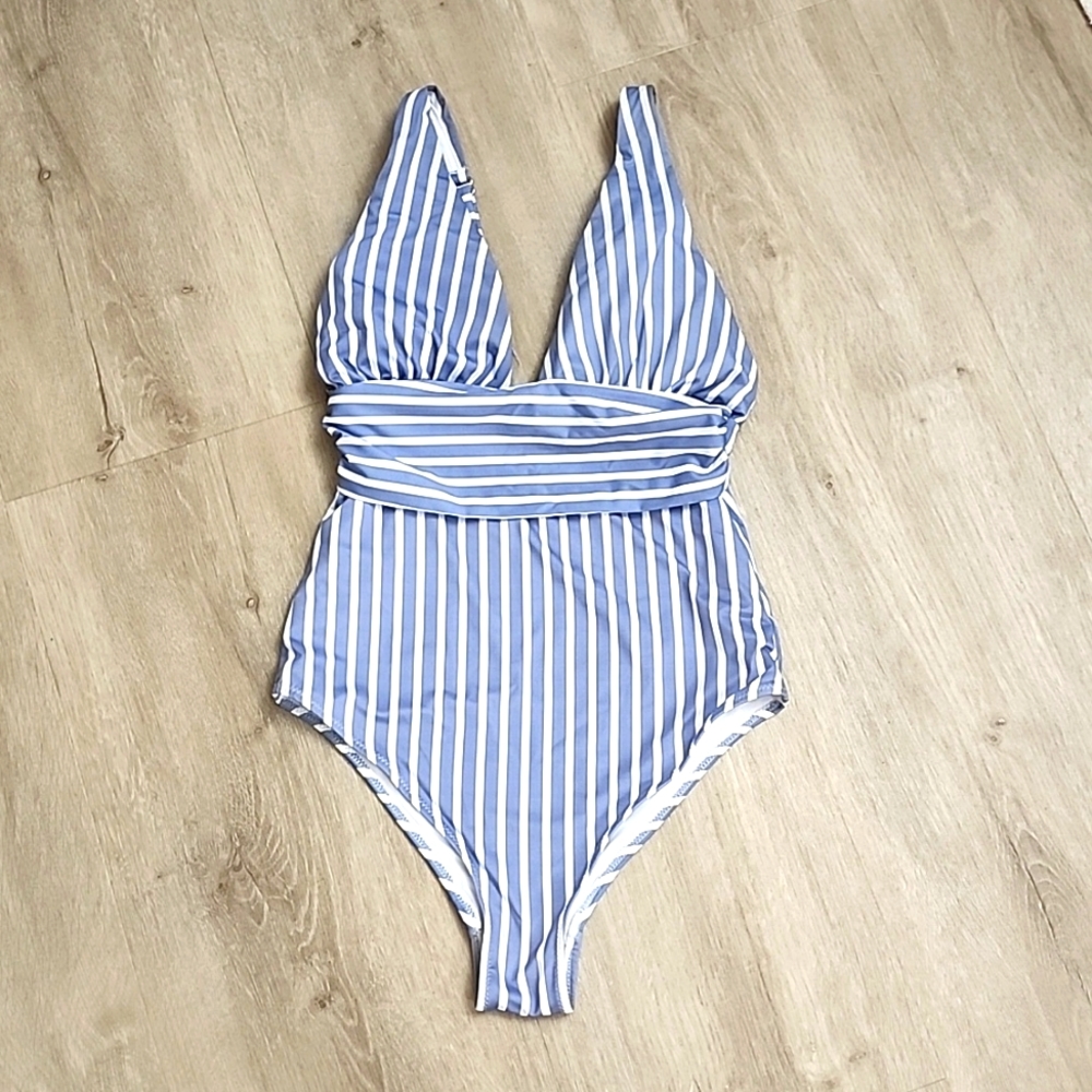 H&M Blue and Whie Striped High Cut One Piece Swimsuit